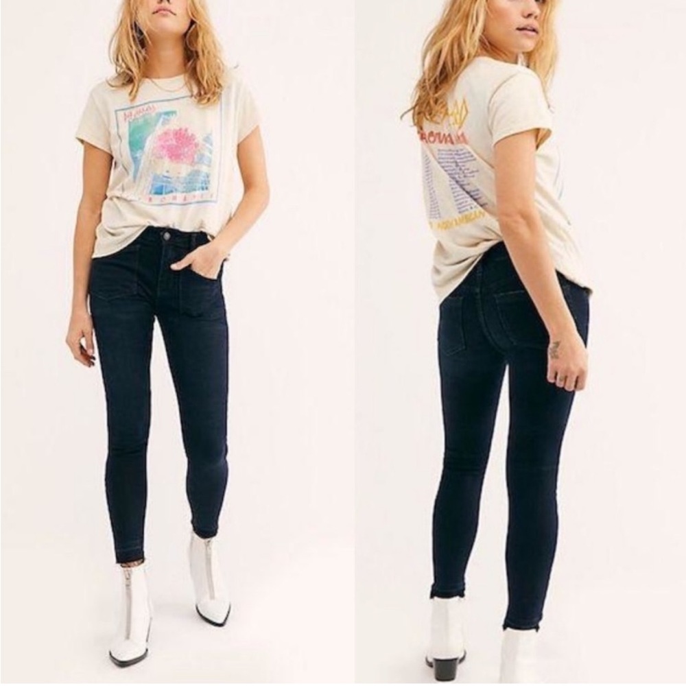 Free People Ivy Mid Rise Skinny Jeans Blue Patch Pocket Released Hem Frayed 27